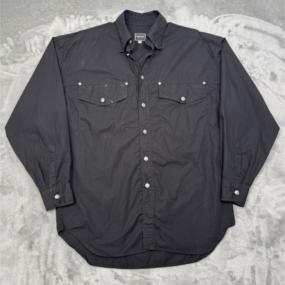 Vintage Versace Button Shirt Mens Small Black Medusa Long Distressed Western 90s